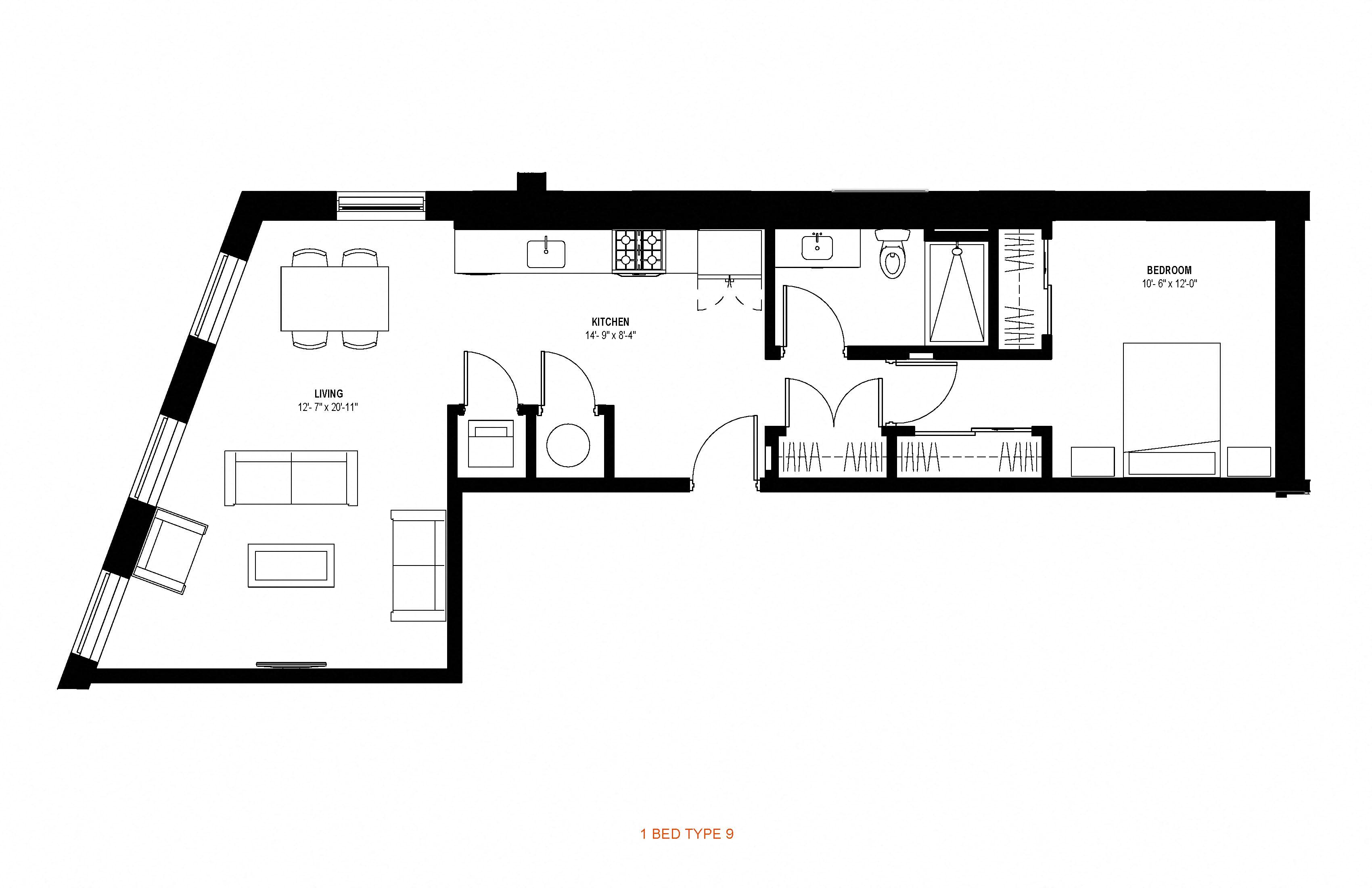 Floor plan for 1 bed, 1 bath, 875 sqft